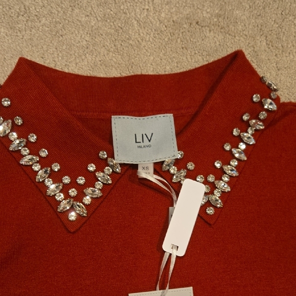Chic Red Embellished Collared Sweater - Picture 2 of 3